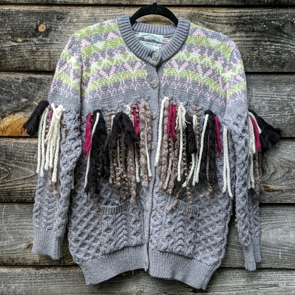 Aran Crafts Funky Fringe Fair Isle Cardigan Gray